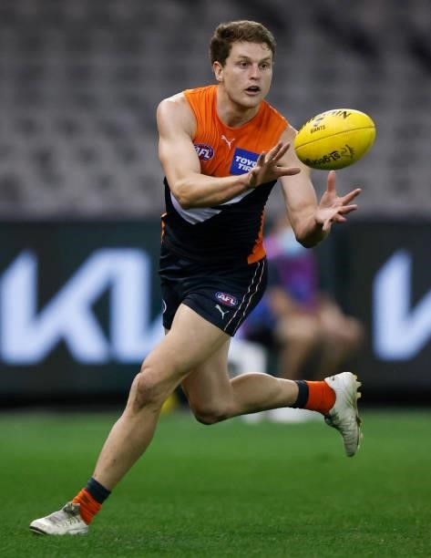 Jacob Hopper of the Giants in action during the 2021 AFL Round 22 match between the GWS Giants and the Richmond Tigers at Marvel Stadium on August...