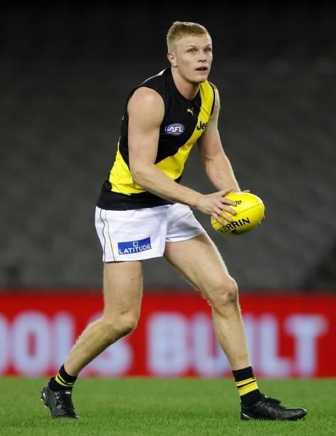Ryan Garthwaite of the Tigers in action during the 2021 AFL Round 22 match between the GWS Giants and the Richmond Tigers at Marvel Stadium on August...