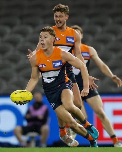 Tanner Bruhn of the Giants in action during the 2021 AFL Round 22 match between the GWS Giants and the Richmond Tigers at Marvel Stadium on August...