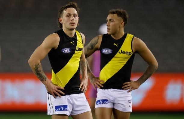 Rhyan Mansell and Shai Bolton of the Tigers look dejected after a loss during the 2021 AFL Round 22 match between the GWS Giants and the Richmond...