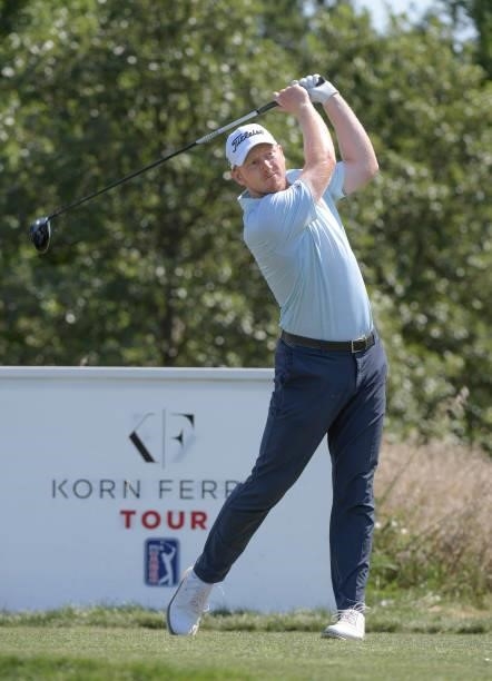 Hayden Springer plays a tee shot on the 18th hole during the second round of the Korn Ferry Tours Pinnacle Bank Championship presented by Aetna at...