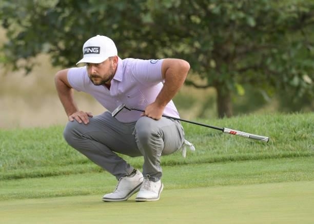 Stephan Jaeger studies his putt on the first green during the second round of the Korn Ferry Tours Pinnacle Bank Championship presented by Aetna at...