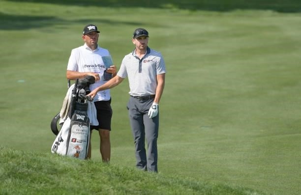 Kevin Dougherty selects a club on the first hole during the second round of the Korn Ferry Tours Pinnacle Bank Championship presented by Aetna at The...
