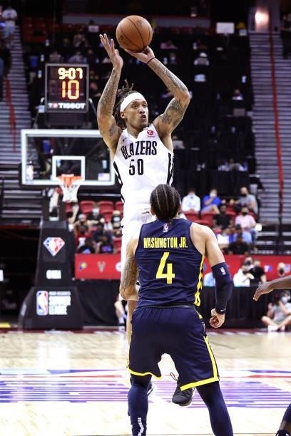 Michael Beasley of the Portland Trail Blazers shoots the ball during the game against the Indiana Pacers during the 2021 Las Vegas Summer League on...