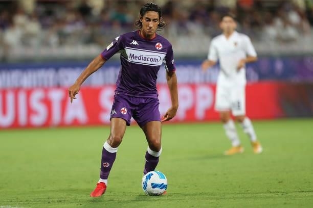 Youssef Malehof ACF Fiorentina in action during the Coppa Italia match between ACF Fiorentina and Cosenza at Artemio Franchi on August 13, 2021 in...