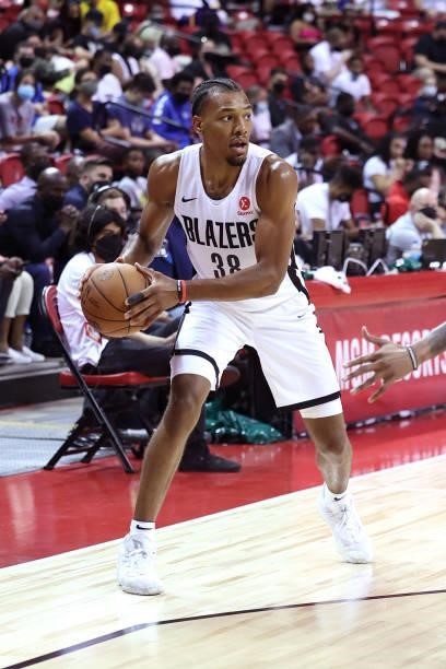 George King of the Portland Trail Blazers handles the ball during the game against the Indiana Pacers during the 2021 Las Vegas Summer League on...