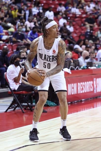 Michael Beasley of the Portland Trail Blazers handles the ball during the game against the Indiana Pacers during the 2021 Las Vegas Summer League on...