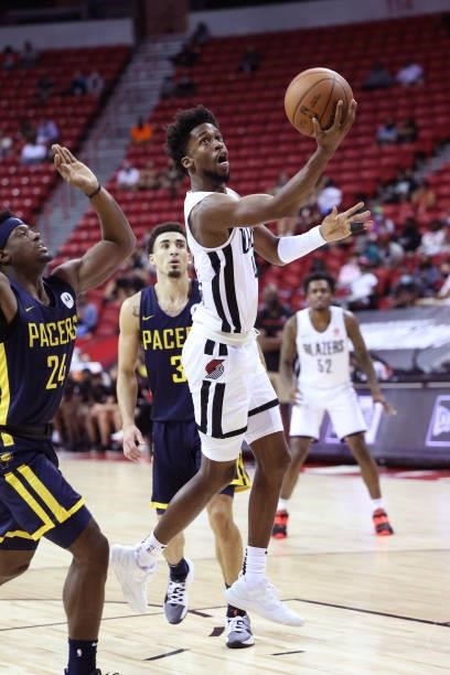Kobi Simmons of the Portland Trail Blazers shoots the ball during the game against the Indiana Pacers during the 2021 Las Vegas Summer League on...