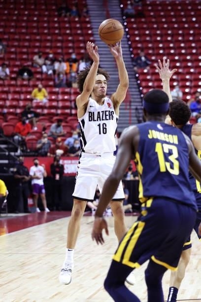 Elleby of the Portland Trail Blazers shoots a three point basket during the game against the Indiana Pacers during the 2021 Las Vegas Summer League...