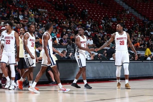 Tarik Black of the Denver Nuggets hi-fives teammates during the game against the Phoenix Suns during the 2021 Las Vegas Summer League on August 12,...