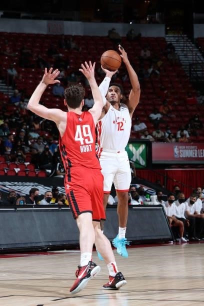 Ishmail Wainright of the Toronto Raptors shoots a three point basket during the game against the Houston Rockets during the 2021 Las Vegas Summer...