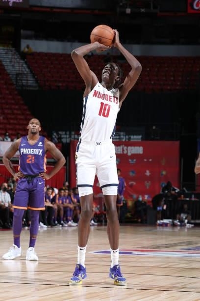 Bol Bol of the Denver Nuggets shoots a free throw during the game against the Phoenix Suns during the 2021 Las Vegas Summer League on August 12, 2021...