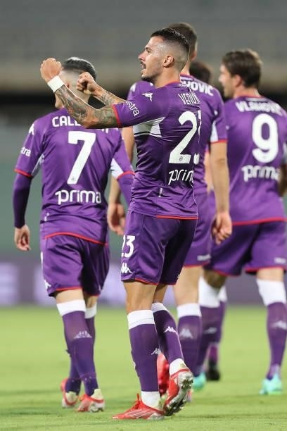 Lorenzo Venuti of ACF Fiorentina celebrates after scoring a goal during the Coppa Italia match between ACF Fiorentina and Cosenza at Artemio Franchi...