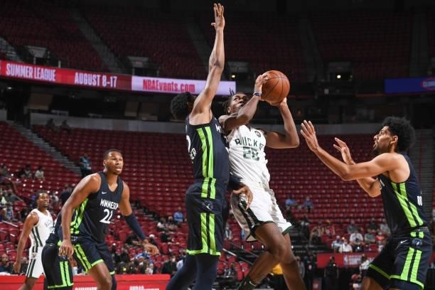 Brandon Randolph of the Milwaukee Bucks drives to the basket during the game against the Minnesota Timberwolves during the 2021 Las Vegas Summer...