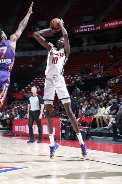 Bol Bol of the Denver Nuggets shoots the ball during the game against the Phoenix Suns during the 2021 Las Vegas Summer League on August 12, 2021 at...