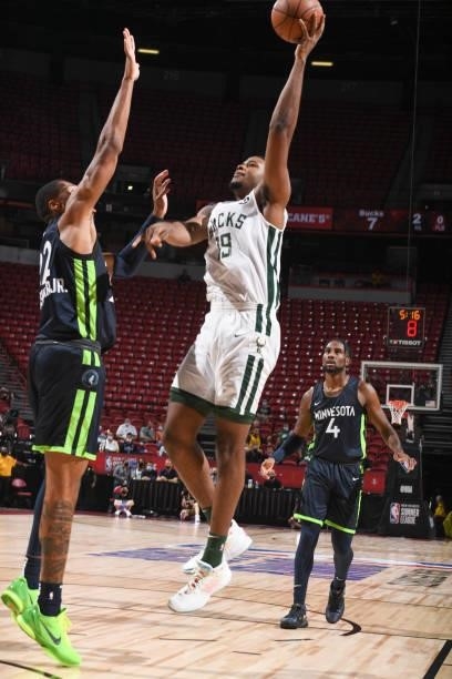 Steven Enoch of the Milwaukee Bucks shoots the ball during the game against the Minnesota Timberwolves during the 2021 Las Vegas Summer League on...