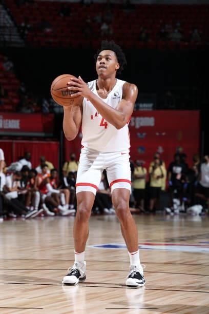 Scottie Barnes of the Toronto Raptors shoots a free throw during the game against the Houston Rockets during the 2021 Las Vegas Summer League on...
