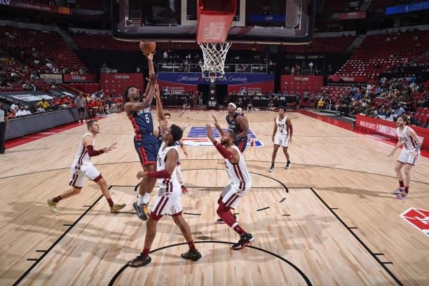 Herbert Jones of the New Orleans Pelicans shoots the ball against the Cleveland Cavaliers during the 2021 Las Vegas Summer League on August 13, 2021...