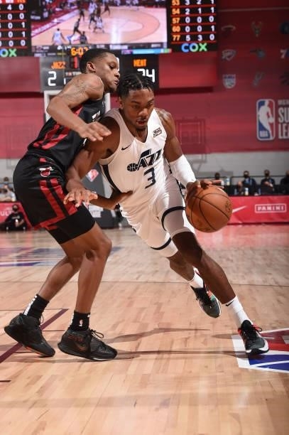 Trent Forrest of the Utah Jazz drives to the basket during the game against the Miami Heat during the 2021 Las Vegas Summer League on August 13, 2021...