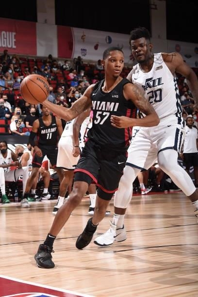 Tyson Carter of the Miami Heat drives to the basket during the game against the Utah Jazz during the 2021 Las Vegas Summer League on August 13, 2021...