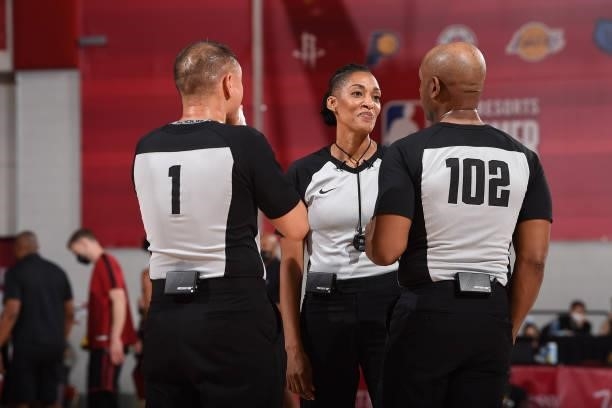 Official Angelica Suffren talks to fellow officials during the Utah Jazz game against the Miami Heat during the 2021 Las Vegas Summer League on...
