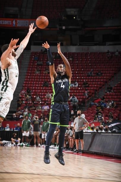 Jaylen Nowell of the Minnesota Timberwolves shoots the ball during the game agains the Milwaukee Bucks during the 2021 Las Vegas Summer League on...