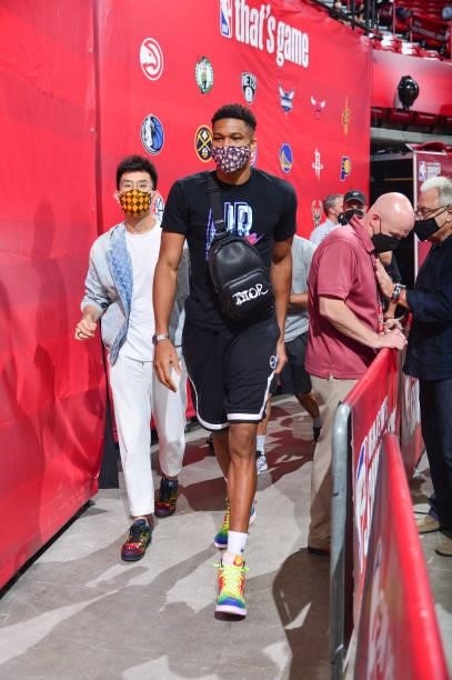 Giannis Antetokounmpo of the Milwaukee Bucks attends a game against the Minnesota Timberwolves during the 2021 Las Vegas Summer League on August 13,...
