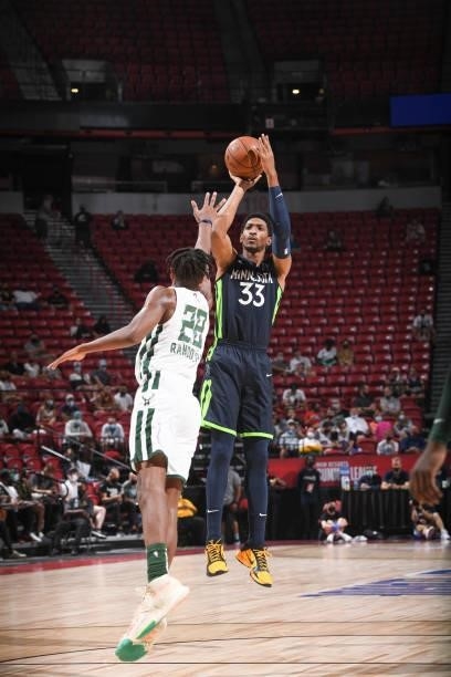 Malcolm Miller of the Minnesota Timberwolves shoots the ball during the game agains the Milwaukee Bucks during the 2021 Las Vegas Summer League on...