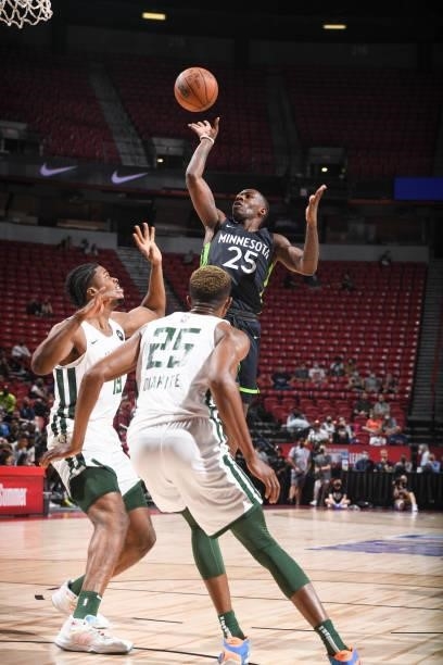 McKinley Wright IV of the Minnesota Timberwolves shoots the ball during the game agains the Milwaukee Bucks during the 2021 Las Vegas Summer League...