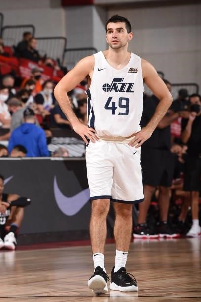 Dakota Mathias of the Utah Jazz looks on during the game against the Miami Heat during the 2021 Las Vegas Summer League on August 13, 2021 at the Cox...