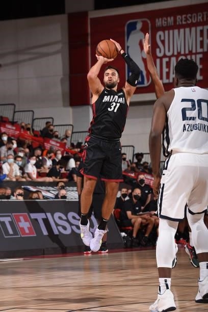 Max Strus of the Miami Heat shoots the ball during the game against the Utah Jazz during the 2021 Las Vegas Summer League on August 13, 2021 at the...