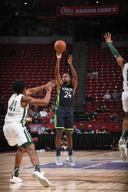 Jared Brownridge of the Minnesota Timberwolves shoots the ball during the game agains the Milwaukee Bucks during the 2021 Las Vegas Summer League on...