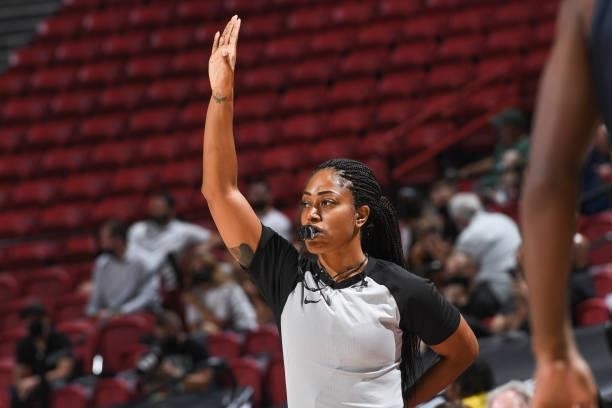 Referee Devorah Robinson-Ashe looks on during the game between the Minnesota Timberwolves and Milwaukee Bucks during the 2021 Las Vegas Summer League...