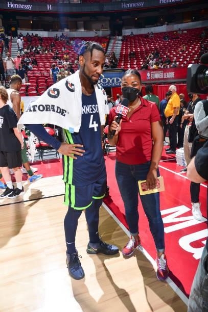 Jaylen Nowell of the Minnesota Timberwolves talks to Reporter, Angel Gray after the game agains the Milwaukee Bucks during the 2021 Las Vegas Summer...