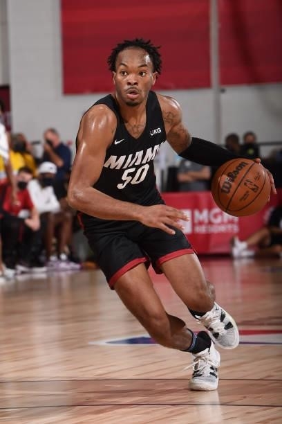 Javonte Smart of the Miami Heat drives to the basket during the game against the Utah Jazz during the 2021 Las Vegas Summer League on August 13, 2021...