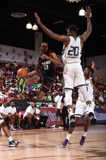 DeJon Jarreau of the Miami Heat looks to pass the ball during the game against the Utah Jazz during the 2021 Las Vegas Summer League on August 13,...