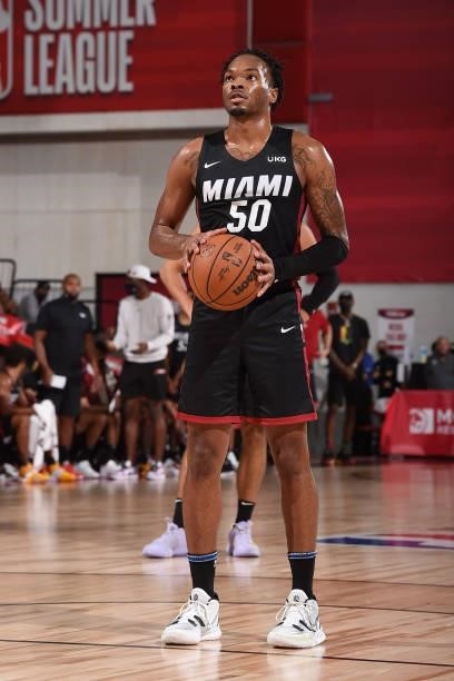 Javonte Smart of the Miami Heat looks on during the game against the Utah Jazz during the 2021 Las Vegas Summer League on August 13, 2021 at the Cox...