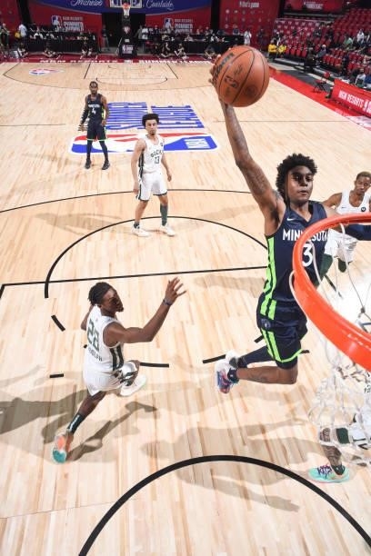Jaden McDaniels of the Minnesota Timberwolves drives to the basket during the game agains the Milwaukee Bucks during the 2021 Las Vegas Summer League...