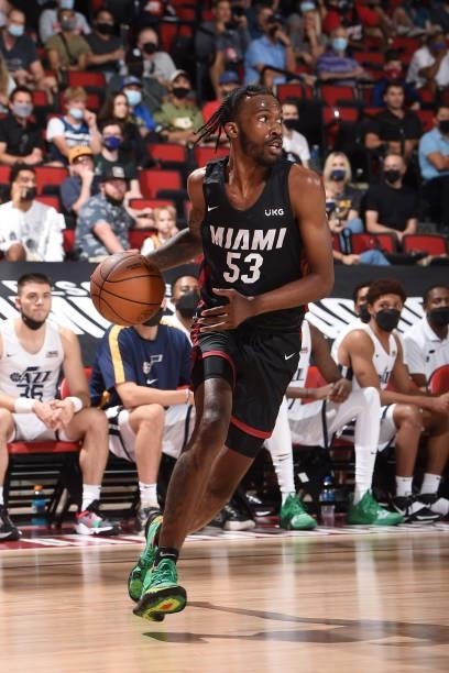 DeJon Jarreau of the Miami Heat dribbles the ball during the game against the Utah Jazz during the 2021 Las Vegas Summer League on August 13, 2021 at...