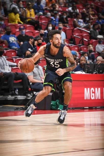 London Perrantes of Minnesota Timberwolves handles the ball during the game agains the Milwaukee Bucks during the 2021 Las Vegas Summer League on...