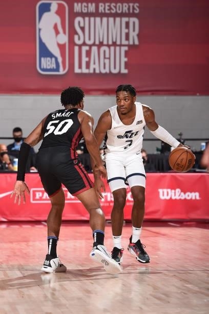 Trent Forrest of the Utah Jazz handles the ball during the game against the Miami Heat during the 2021 Las Vegas Summer League on August 13, 2021 at...