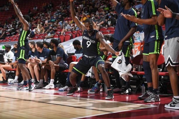 Isaiah Miller of the Minnesota Timberwolves reacts to a play during the game agains the Milwaukee Bucks during the 2021 Las Vegas Summer League on...