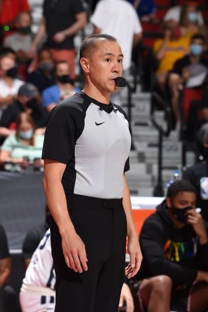 Official Jason Alabanza looks on during the Utah Jazz game against the Miami Heat during the 2021 Las Vegas Summer League on August 13, 2021 at the...