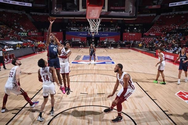 Moses Wright of the New Orleans Pelicans shoots the ball during the game against the Cleveland Cavaliers during the 2021 Las Vegas Summer League on...