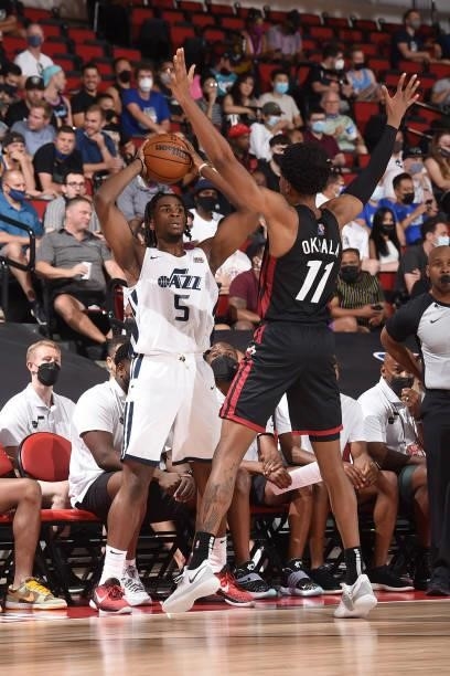 Jarrell Brantley of the Utah Jazz handles the ball during the game against the Miami Heat during the 2021 Las Vegas Summer League on August 13, 2021...