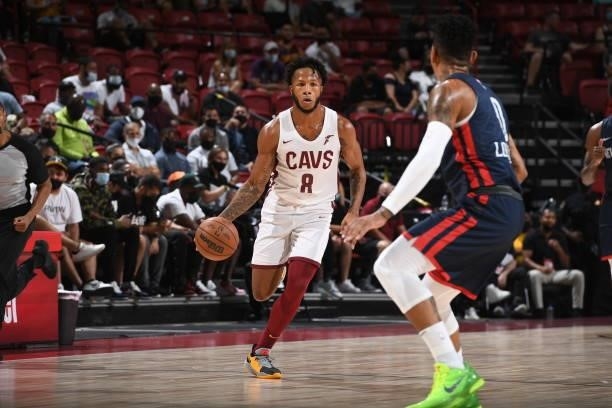 Lamar Stevens of the Cleveland Cavaliers dribbles during the game against the New Orleans Pelicans during the 2021 Las Vegas Summer League on August...
