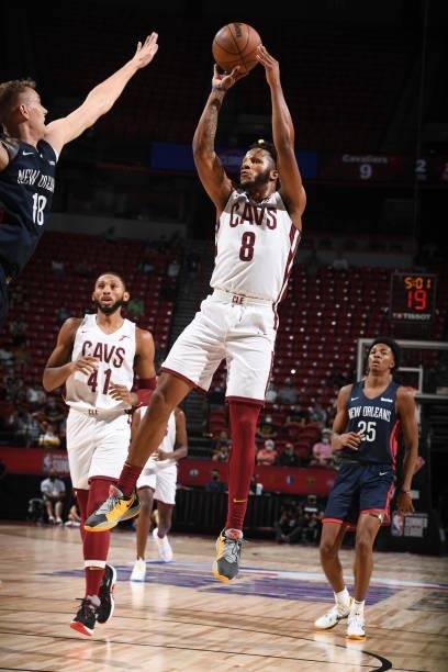 Lamar Stevens of the Cleveland Cavaliers shoots the ball during the game against the New Orleans Pelicans during the 2021 Las Vegas Summer League on...