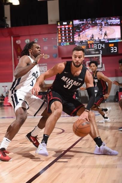 Max Strus of the Miami Heat handles the ball during the game against the Utah Jazz during the 2021 Las Vegas Summer League on August 13, 2021 at the...