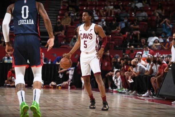 Trevon Bluiett of the Cleveland Cavaliers dribbles during the game against the New Orleans Pelicans during the 2021 Las Vegas Summer League on August...