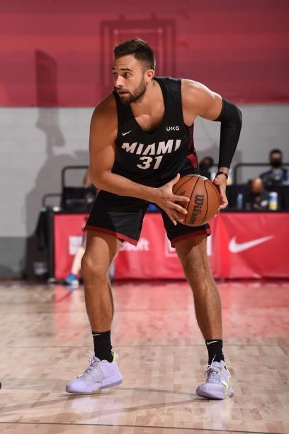 Max Strus of the Miami Heat handles the ball during the game against the Utah Jazz during the 2021 Las Vegas Summer League on August 13, 2021 at the...